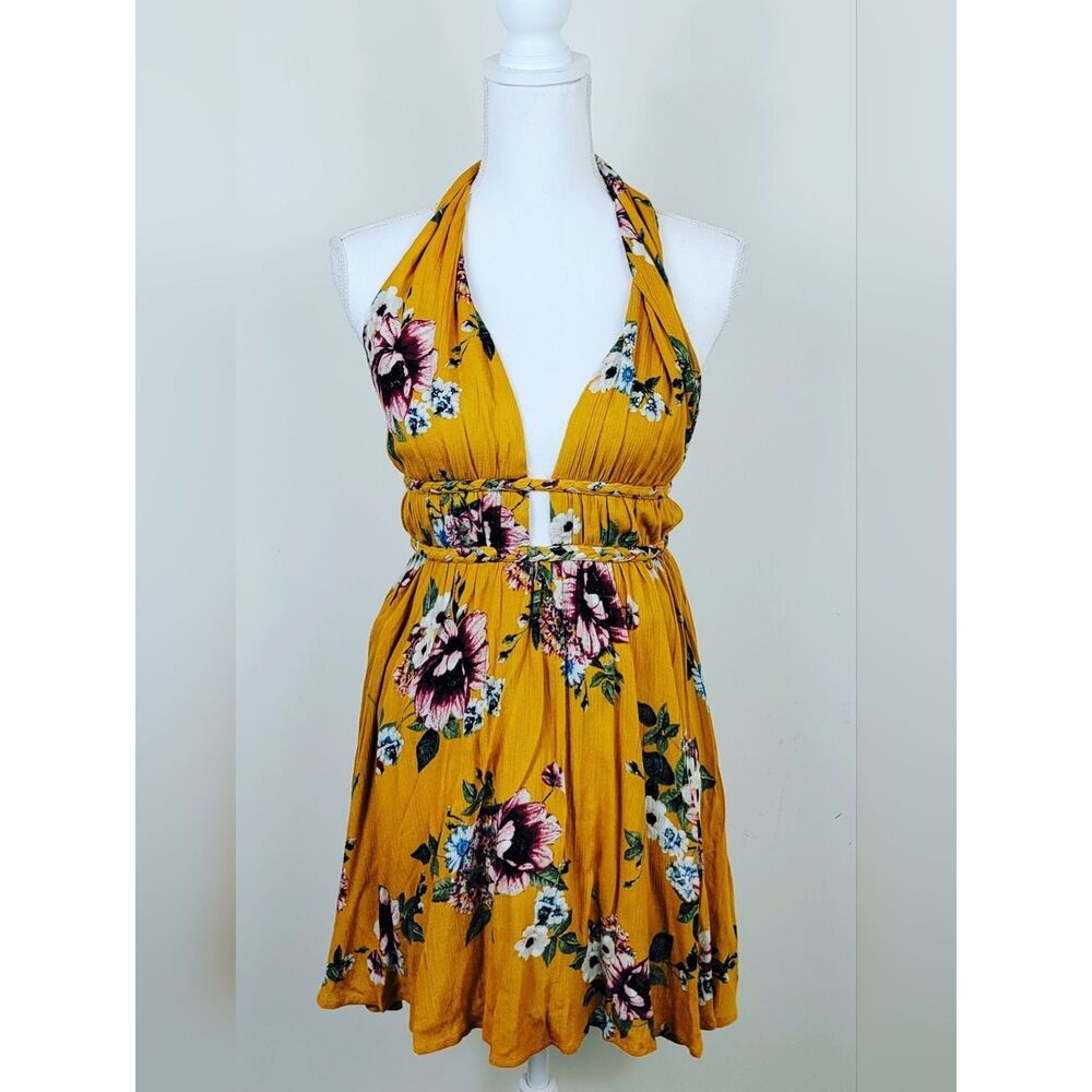 Illa Illa Floral Halter Mini Dress Open Back Fit & Flare – Yellow Small